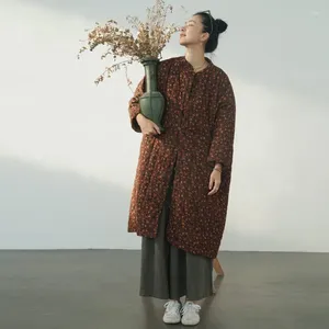 Trenchs de femmes QPFJQD Femme Corduroy Rétro Vestes Collier Stand Manches Longues Bouton Imprimer Floral Parkas Chaud Hiver Femmes Chinois