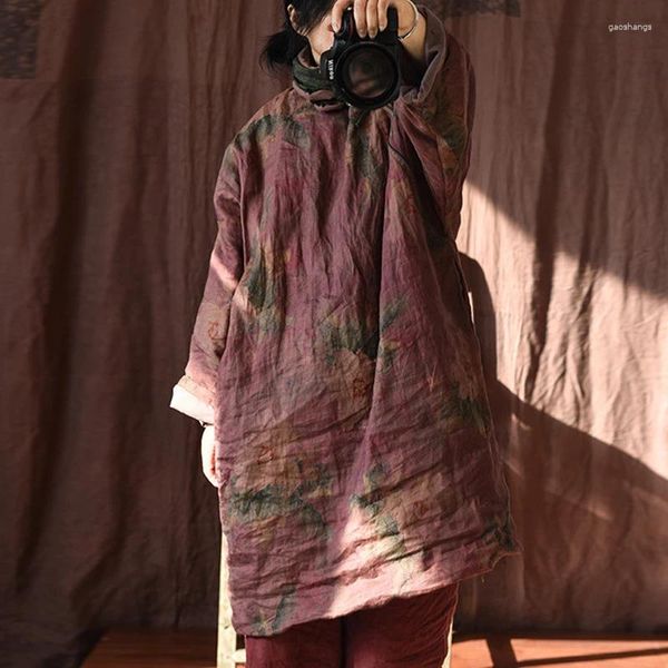 Trenchs de femmes QPFJQD Femme Rétro Lin Imprimer Floral Veste À Manches Longues 2024 Hiver Chaud Style Chinois Pull Parkas Dames Longues