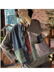 Dames trench lagen qpfjqd vrouwelijke vintage vlas patchwork losse Chinese stijl met één borsten vrouwen originele knopjassen grote zakken grote zakken