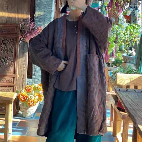 Trenchs de femmes Qpfjqd hiver patchwork lin imprimé femme longue style chinois dames en vrac vintage pleine manche v-cou rétro coton