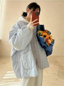 Dames Trenchcoats QWEEK Koreaanse Mode Gewatteerde Jas Dames Y2K Fairycore Winter Blauw Parka's Oversized Bloemenprint Zoet Zacht Beige