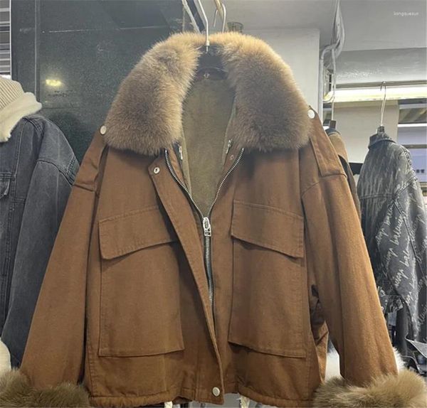 Abrigos de trinchera para mujer Chaqueta de mezclilla con cuello de piel real para mujer Invierno 2023 Felpa espesada Casual Abrigo de algodón cálido suelto Y4470