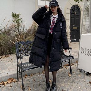 Gabardinas de mujer Abrigos en tiempo real Po Interpretación del drama coreano Mujer líder estudiante negro con capucha hasta la rodilla chaqueta de algodón