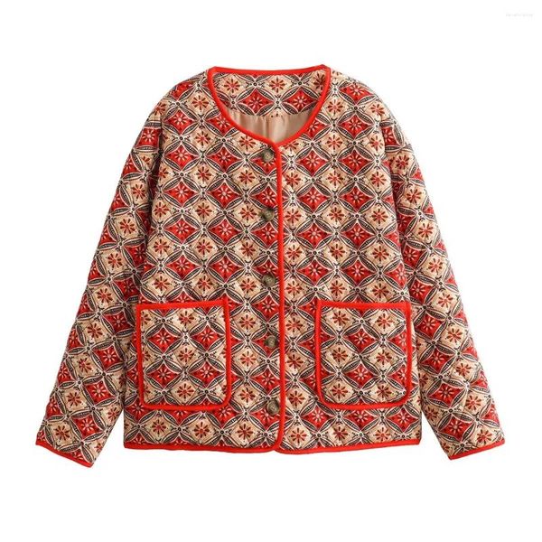 Gabardinas para mujer Abrigos Rojo Vintage Impreso Puffer Chaqueta Cardigan Mujeres Moda Chic Cálido Abrigo acolchado Ropa femenina 2024 Otoño Invierno