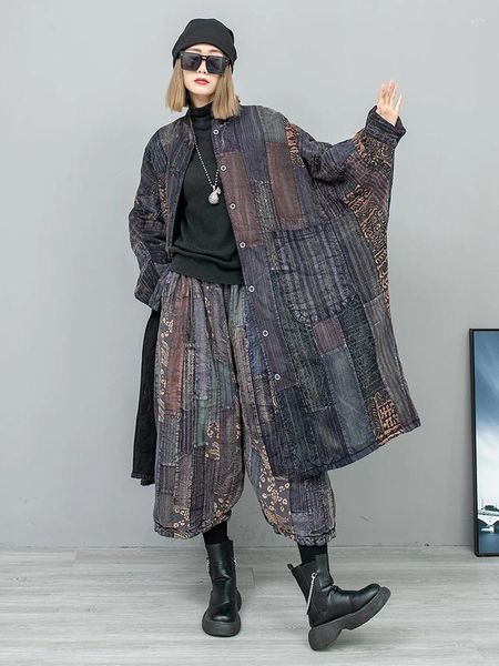 Les trenchs pour femmes sont rétro usées Patchwork Sleeves de chauve-souris cardigan moyen moyen vieux tissu coton épais manteau épais femmes streetwear single