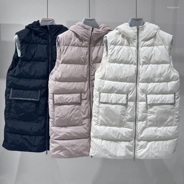 Abrigos de trinchera para mujer Chaleco de plumón reversible Mujeres Pato blanco Chaqueta con capucha de longitud media Lana Empalme Sin mangas Invierno