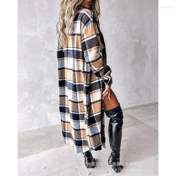 Capas de zanja para mujeres Camisa Jackets Casual Botoned Pocket Design Trend Flannel Long Coat Long Fomen Autumn Plaid Longline Outwear