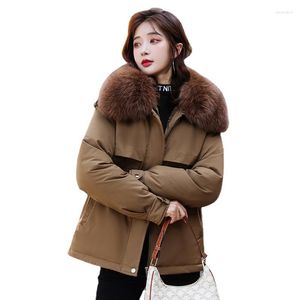 Trenchs de femmes manteaux courts coton rembourré vestes 2023 mode grand col de fourrure mince femmes parkas épissure manteau à capuche épais chaud trajet femme