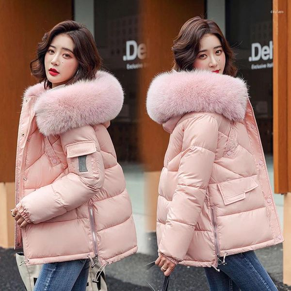 Abrigos de trinchera para mujer Cuello de piel suelto corto Parka 2023 Parkas femeninas Invierno Chaqueta acolchada brillante Agua / Resistente al aceite