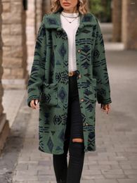 Trench Coats Femmes Single Breasted National Style Batter Hiver Winter Low Long Fluffy Ferme Overwear Fashion Print Jacket for Women