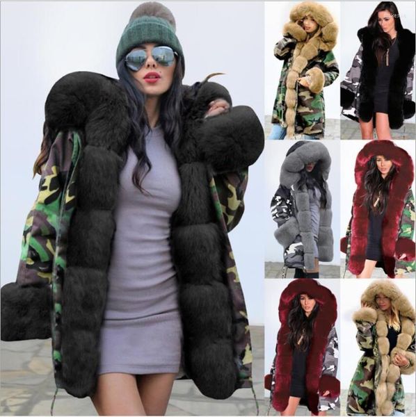 Trenchs Femmes Slim Casual Épaissir Femmes Manteau À Capuchon Parkas Vêtements D'extérieur Chauds Fausse Fourrure Shopping Bureau Quotidien Extérieur Camouflage Hiver