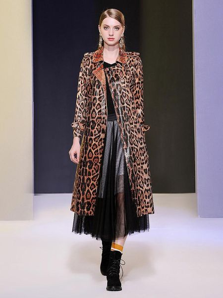 Trenchs femme serpent imprimé cuir velours revers à manches longues à lacets taille longue coupe-vent léopard veste femmes