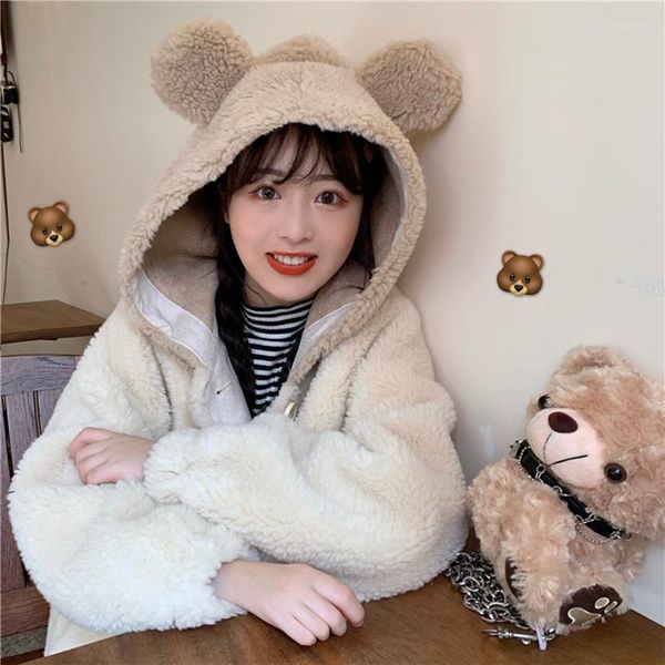 Trenchs de femmes manteaux doux fille lâche oreilles d'ours mignonnes à capuche pull en fourrure d'agneau manteau en peluche femme hiver 2023