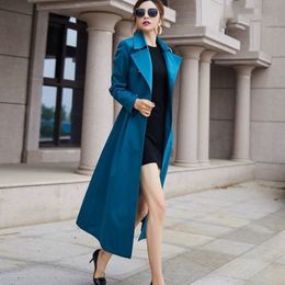 Gabardina para mujer, cortavientos largo para primavera y otoño, chaqueta de cintura a la moda con doble botonadura, abrigo azul neblina Vintage para mujer 230331