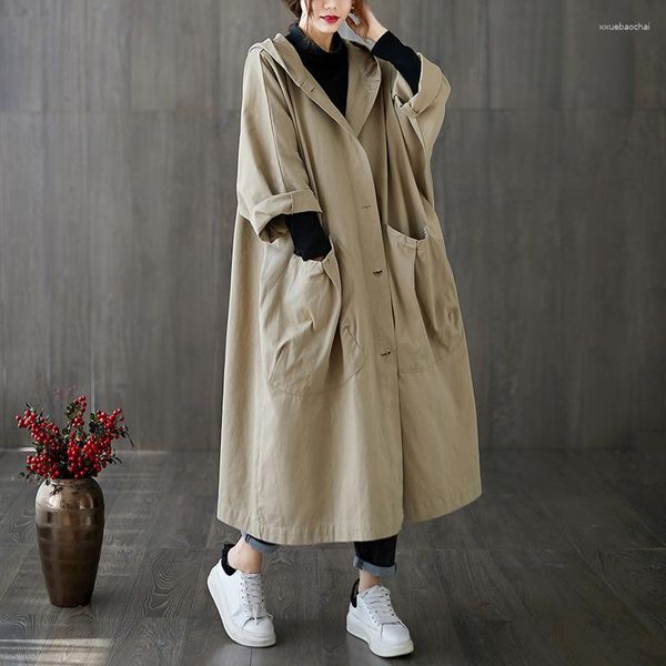 Trench femme printemps automne mi-long manteau femme 2023 coréen simple boutonnage femmes vêtements grande poche pardessus kaki coupe-vent