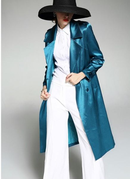 Trenchs pour femmes printemps automne vêtements luxe couleur Pure revers double boutonnage Satin manteau élégant dame mince coupe-vent long