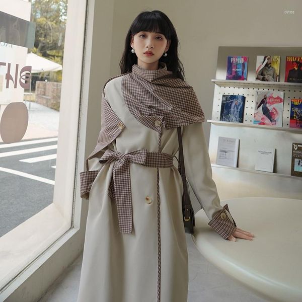 Trench femme printemps coréen couture Vintage Cape ample taille haute sangle conception coupe-vent femme Long manteau femmes