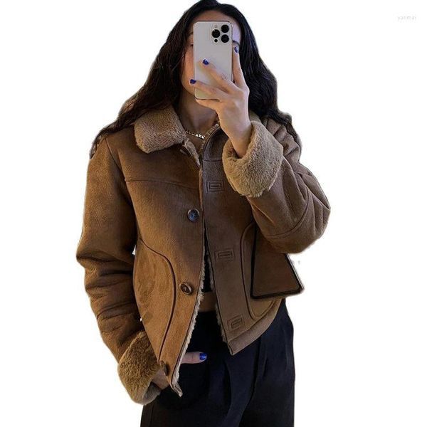 Trenchs de femmes Streetwear Hiver Daim Femmes Lâche En Peau De Mouton Parka Épais Chaud Fourrure Veste Motocycle Biker Femelle Simple Boutonnage Chic