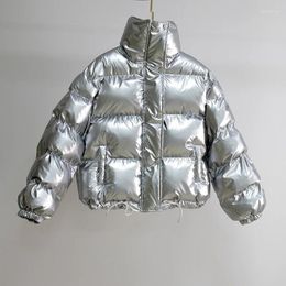 Dames trenchcoats streetwear dames glanzend zwart PU-leer pufferjack winter dik bubble helder metallic zilver parka dons