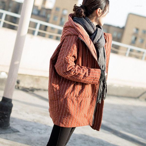 Trenchs pour femmes Stripe Overcoat Plus Velours Coton Rembourré Veste Vêtements d'hiver pour femmes Épaissie Chaud Coréen Surdimensionné À Capuche
