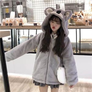 Trench femme manteaux étudiant épaissi veste à fourrure fille en peluche Style féminin japonais doux 2022 hiver mignon Koala oreille à capuche