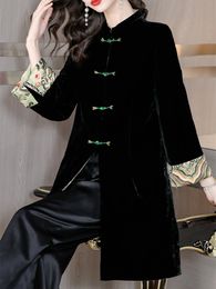 Trenchs de femmes manteaux élégant manches broderie vintage velours kimono trench femmes o-cou coupe-vent manteau vêtements d'extérieur 230211