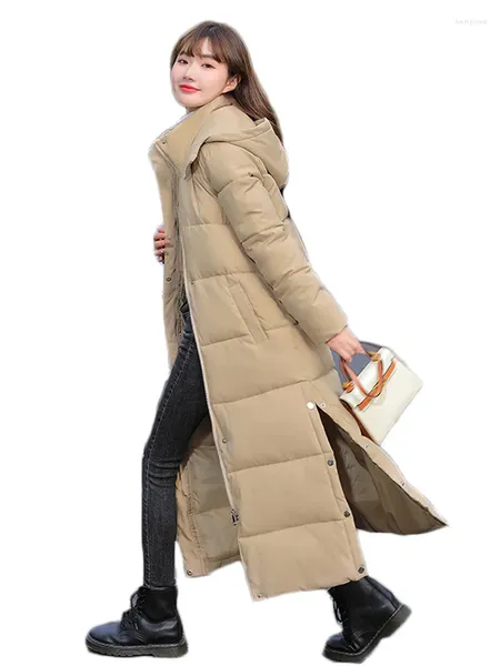 Abrigos de trinchera para mujer Abrigo de algodón súper largo Mujeres Khaki Parkas con capucha 2023 Otoño Invierno Estilo coreano Grueso Calor Outwear Ropa