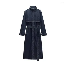 Dames trenchcoats SuperAen herfst en winter opstaande kraag lange mouw taille met riem denim windjack losse jas