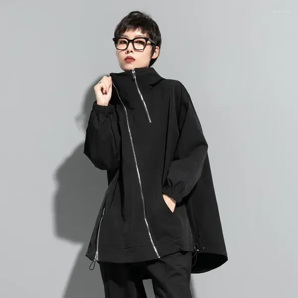 Trenchs pour femmes SuperAen coupe-vent à capuche européen et américain décontracté diagonale fermeture éclair veste de rue manteau noir