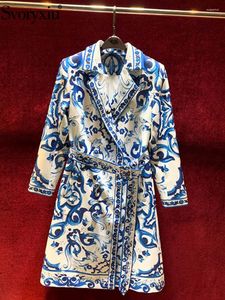 Gabardina para mujer, diseñador Svoryxiu, Otoño Invierno, Vintage, azul y blanco, porcelana, manga larga para mujer, botón con cordones, suelto