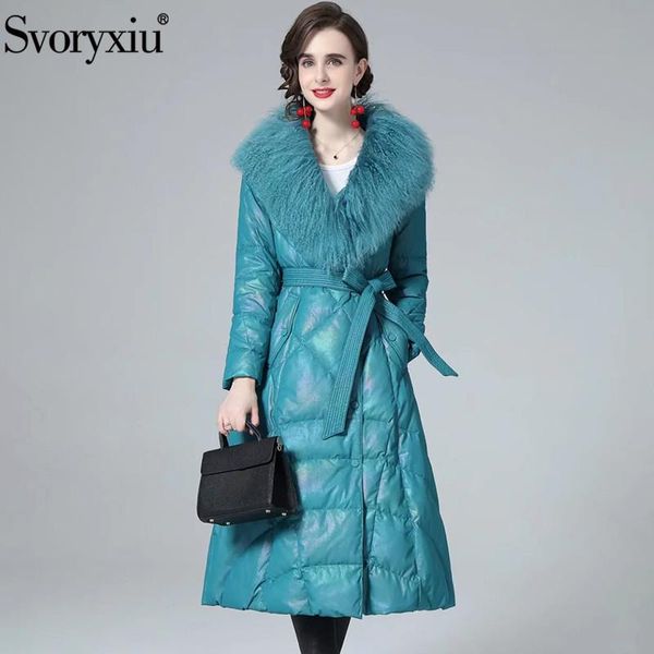 Trench-Coats Femme Svoryxiu Mode Femme Hiver Cyanine Coupe-Vent Pardessus Laine Revers Ceintures Double Boutonnage Type Droit Solide Manteau