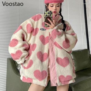 Trenchs de femmes manteaux doux porter des deux côtés épais laine d'agneau automne hiver coréen lâche coeur imprimé vestes harajuku simples parkas hauts