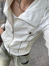 Damesgeul Lagen Sweetown Street Style Zipper Fashion White Bomber Jacket Zip Up Turn Down Collar Long Sleeve Black Outwear Korean 230331