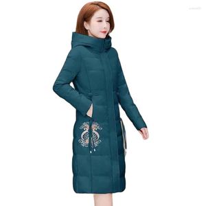 Trench-Coats pour femmes, veste rembourrée de tempérament, manteau d'hiver mi-long avec boucle à disque, à capuche, veste chaude brodée 5xl