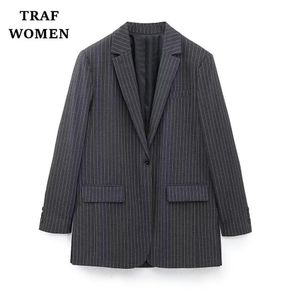 Damesgeulcoats Traf Coats 2023 In Pinstripe Office Suit jas Rapel Rapel Pocket Button Classic Femal's Jackets Joker Mujer 230331
