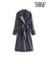Damesgeul Lagen Traf Women mode met riem faux lederen jas vintage lange mouw klepvakken vrouwelijke bovenkleding chic overjas 230331