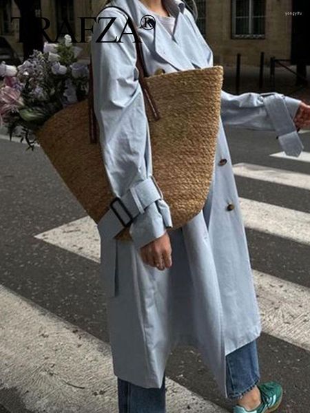 Gabardina para mujer TRAFZA primavera y otoño moda V Tie muñequera manga larga abrigo azul cielo doble botonadura rompevientos suelto