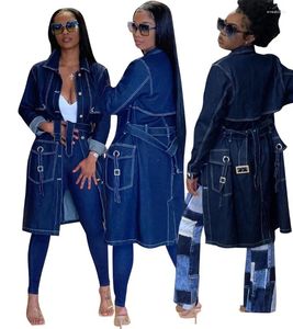 Trenchs de femmes Tendance Jeans longs Femmes Turn Down Collier à manches longues Poches à poitrine décontractée Vestes en denim Ceinture Streetwear