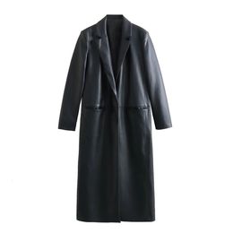 Trenchs pour femmes UNIZERA2023 automne et hiver mode polyvalent de haute qualité noir revers Faux cuir Long manteau 231206