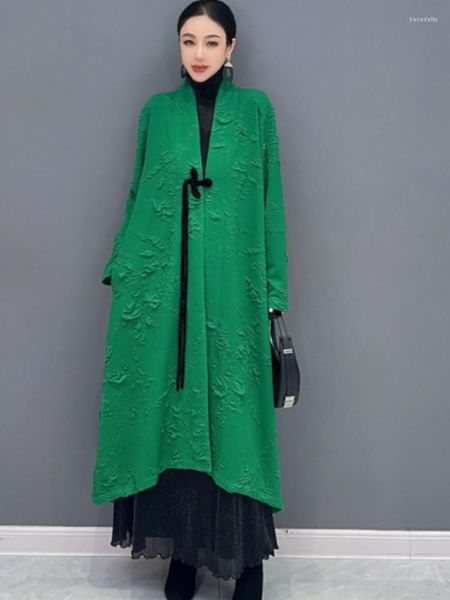 Trenchs de femmes Urior 2023 Automne littéraire rétro coupe-vent irrégulière superposition plaque boucle style noir et vert cardigan manteau