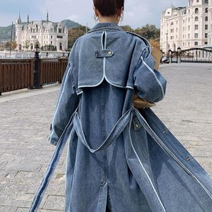 Dames Trench Coats Vintage Blue Denim Wind Breakher Jacket Autumn Spring Coat Women Loose Casual Elegant Long Jeans Overcoat Vrouwelijke kleding