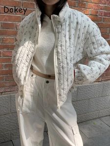 Trenchs de femmes manteaux vintage fleur veste matelassée hiver col montant à manches longues lâche fermeture éclair coton manteau femme coréenne décontractée chaude
