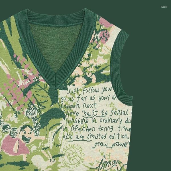 Trenchs pour femmes Vintage peinture à l'huile verte gilet tricoté littérature Art série Sen vêtements d'extérieur pull col en V pull pliant débardeur