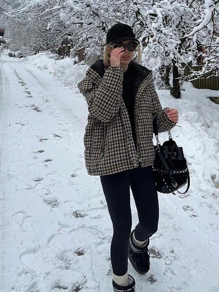 Trenchs de femmes manteaux vintage plaid imprimé chaud épais manteau pour femmes mode fermeture éclair avec poche à capuche Parkas bureau d'hiver dames trajet