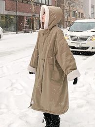 Dames Trenchcoats Warme Dikke Imitatie Lamswol Gevoerde Lange Parka Chaquetas Koreaanse Pluche Parca Jas Met Capuchon Casual Wollen Voering Sneeuwkleding