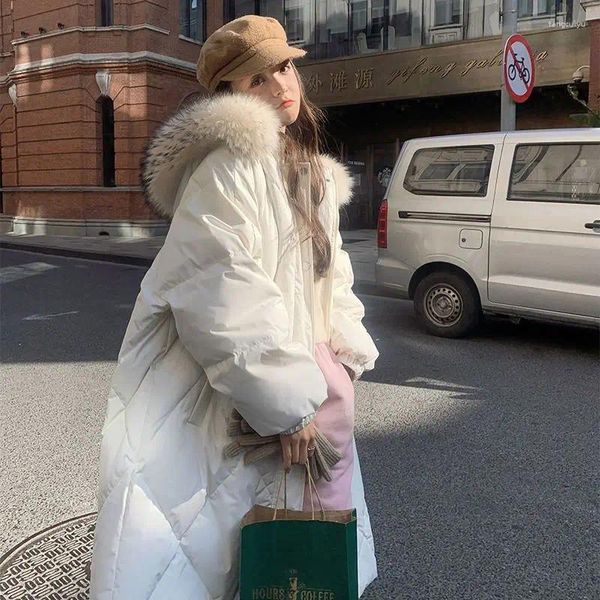 Trench Cods Cods White Big Big Fur Collier Hiver Down Cotton Veste en coton coréen Mid-Longue Loose Coat