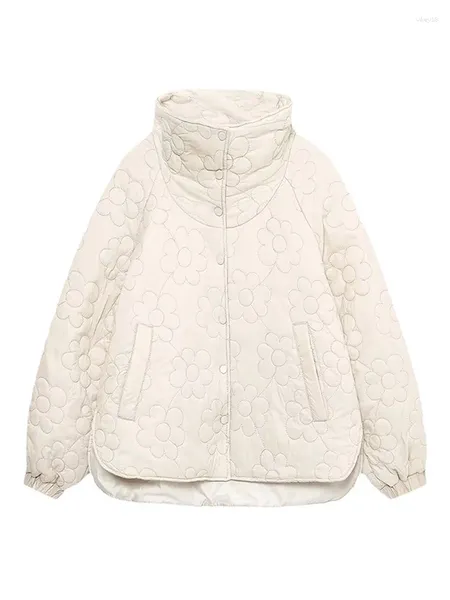 Abrigos de trinchera para mujer Chaqueta gruesa floral blanca Mujeres Otoño Invierno Cálido Manga larga Soporte Botón cubierto Botón femenino Abrigo de algodón suave suelto