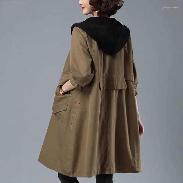 Gabardina para mujer, cortavientos, primavera otoño 2023, abrigo con capucha de empalme suelto para mujer coreana, prendas de vestir largas informales con cremallera para mujer
