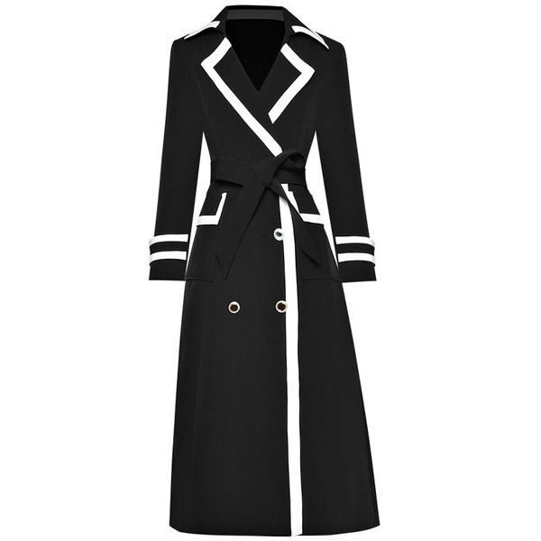 Femmes Trench Coats Coupe-Vent Automne Designer Haute Qualité Mode Fête Lieu De Travail Vintage Élégant Revers Patchwork Noir Midi Manteau