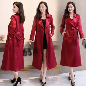 Trench Femme Vin Rouge Coupe-Vent Femme Printemps Et Automne 2022 Mi-Longue À Lacets Mince Double Boutonnage Veste À Manches Longues